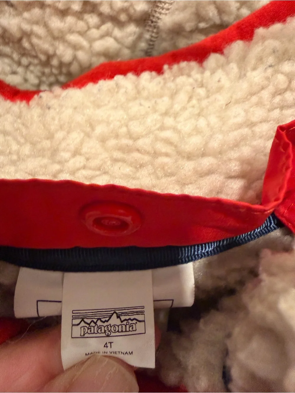 Patagonia Navy Jacket with Red Trim and Cream Sherpa Collar 4T